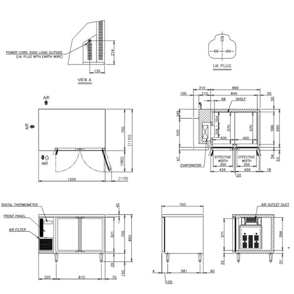 Bản thiết kế của Bàn đông Hoshizaki FT-128MA-S