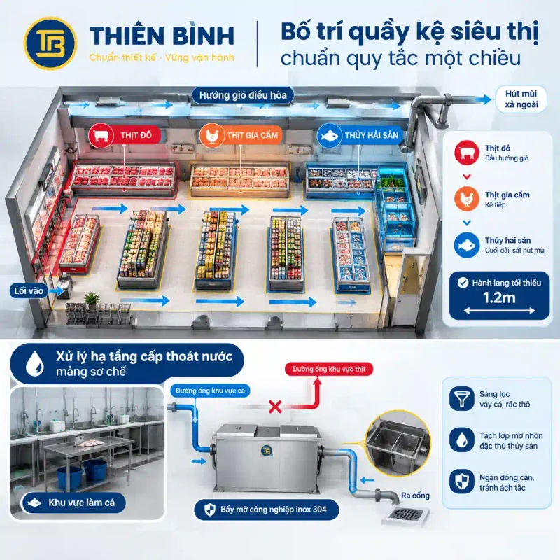 Hướng dẫn phân tách tủ trưng bày thịt và hải sản chuẩn quy trình siêu thị - ảnh 4 Bo tri quay ke sieu thi chuan quy tac mot chieu