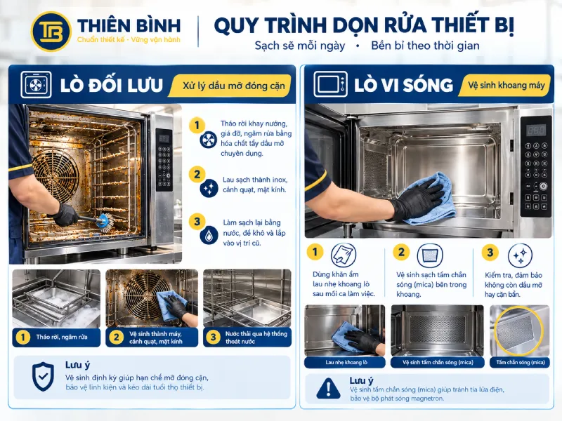 Khác biệt giữa lò nướng đối lưu và lò vi sóng công nghiệp là gì? - ảnh 5 Quy trinh don rua thiet bi bep